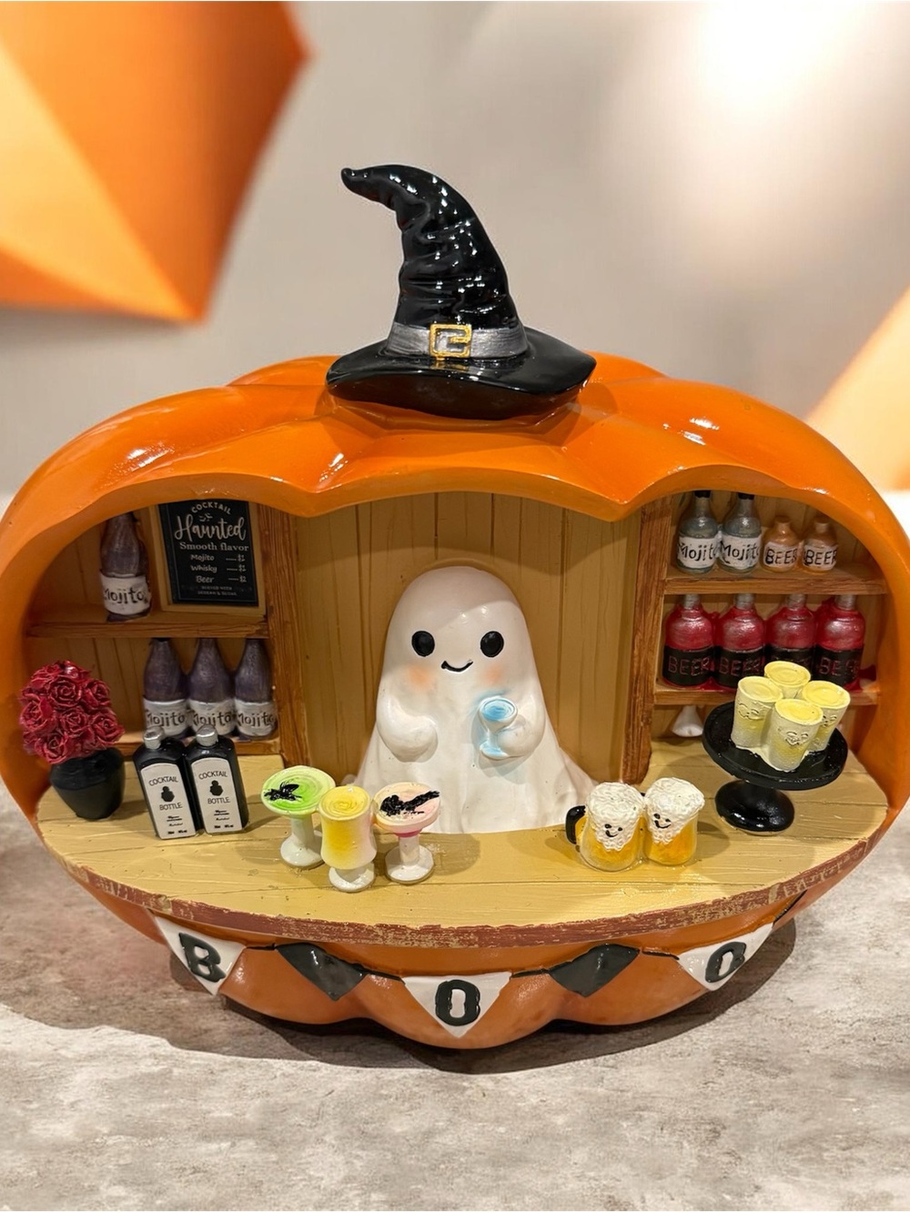 Halloween Pumpkin Bar Ghost Figurine - Orange & Black